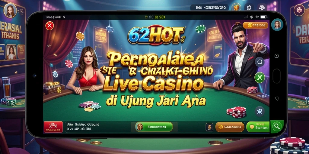 Screenshot gameplay 62HOT menunjukkan dealer profesional dan suasana kasino langsung.