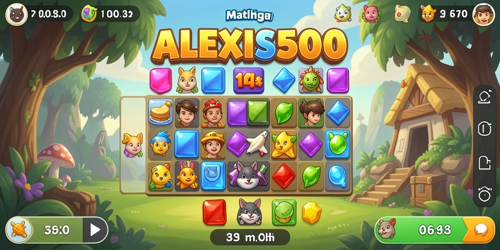 Tampilan gameplay seru ALEXIS500 dengan elemen match-3 yang berwarna-warni.