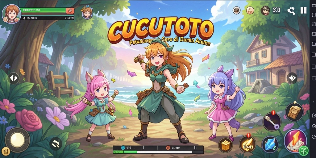 Gambaran gameplay CUCUTOTO dengan karakter anime yang menarik.