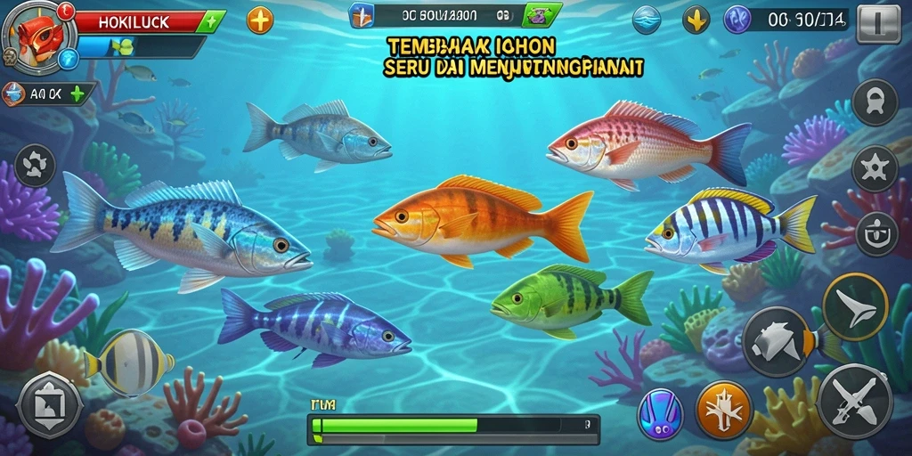 Screenshot HOKILUCK menunjukkan aksi seru menembak ikan berwarna-warni.