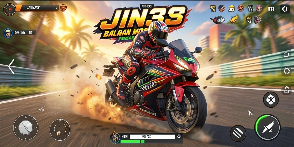 Tampilan gameplay seru di JIN33 dengan balapan motor yang menegangkan.