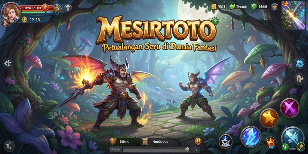 Screenshot gameplay <strong>MESIRTOTO</strong> menunjukkan karakter utama menjelajahi hutan mistis.