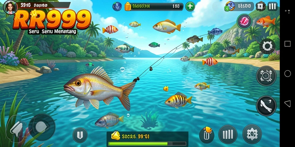 Screenshot gameplay RR999 yang menunjukkan aksi memancing yang seru.